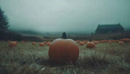 Moody autumnal scene featuring a single pumpkin in a field, with a blurred background of more pumpkins and a rustic barn.  Perfect for Halloween or Thanksgiving themes.