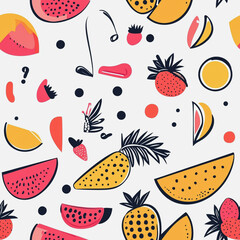 Memphis fruit colorful style seamless pattern. Creative minimalist style art background for children or trendy design with basic shapes. Simple childish scribble backdrop white background