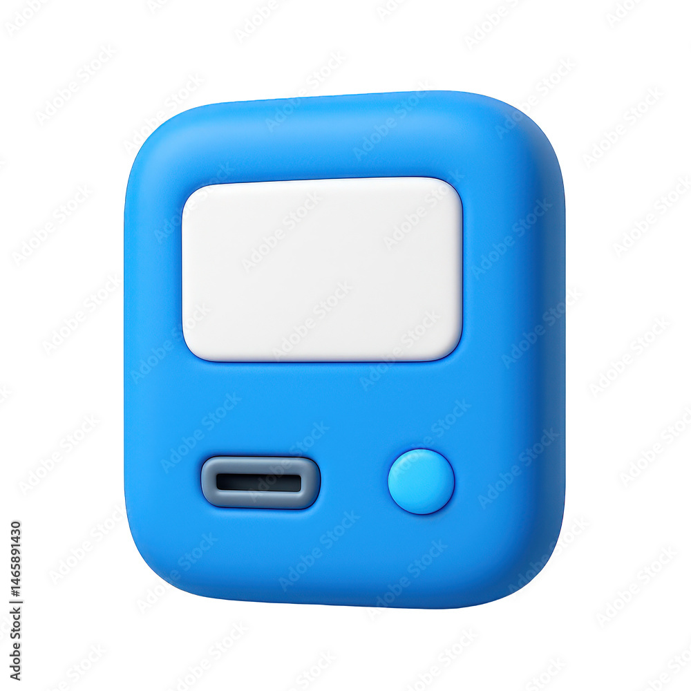 Poster a minimalist 3d rendering of a compact blue electronic gadget featuring a blank white screen and sim