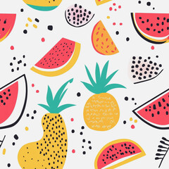 Memphis fruit colorful style seamless pattern. Creative minimalist style art background for children or trendy design with basic shapes. Simple childish scribble backdrop white background