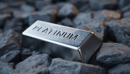 Platinum bar on dark rocks precious metal