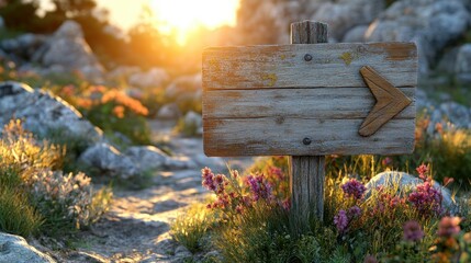 Naklejka premium Wooden signpost points path through mountain flowers at sunset