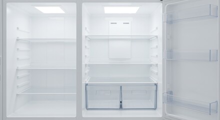 Detailed view of the clean, empty interior of a modern white side-by-side refrigerator, showing multiple shelves and bottom drawers