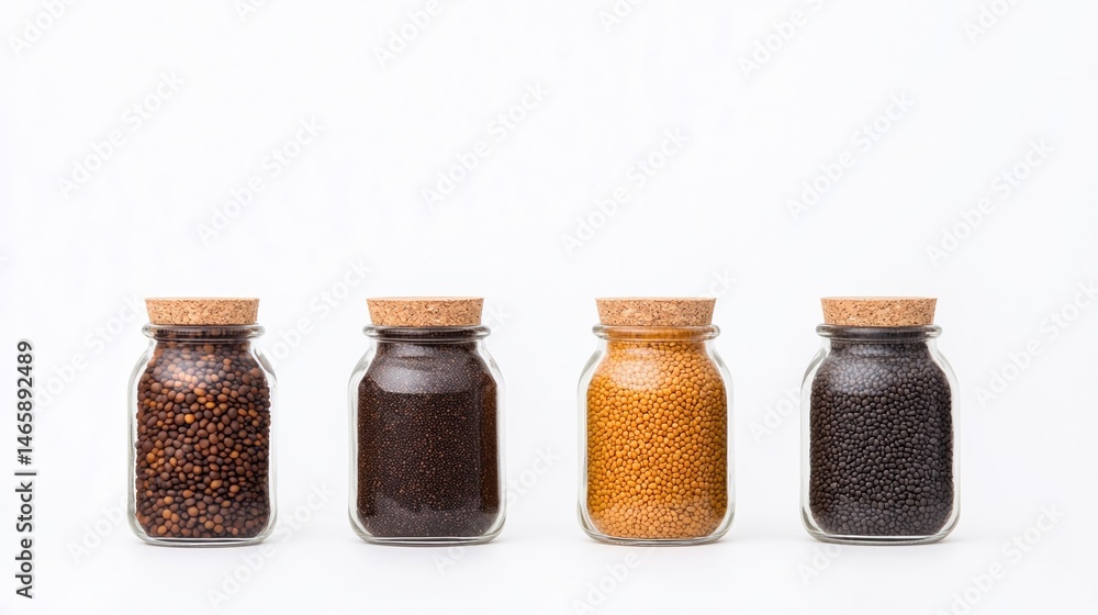 Poster four glass jars with cork lids filled with different types of seeds or spices are neatly arranged in
