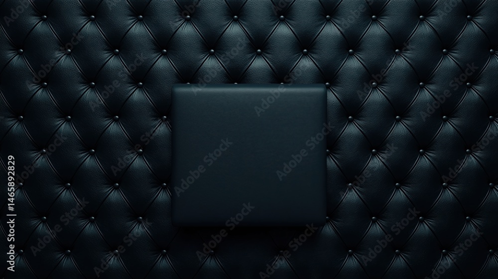Poster black tufted leather upholstery with a centered smooth square, creating a luxurious, modern texture 