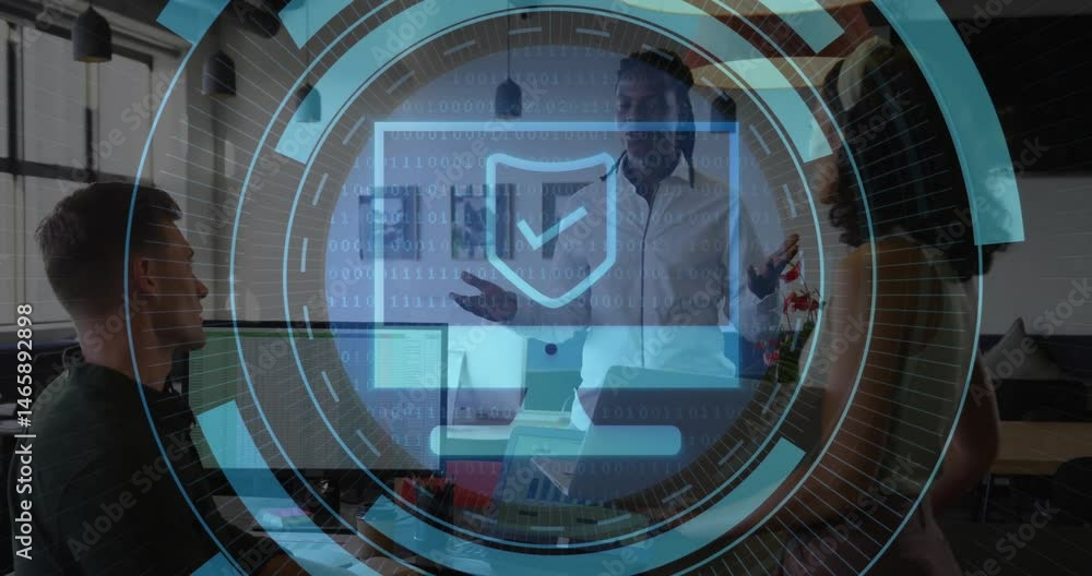 Aufkleber male presenter explaining cybersecurity concept in office, with animated shield and binary code