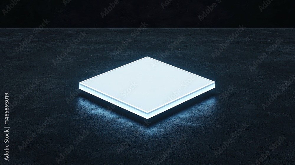 Poster minimalist glowing square platform floating above a dark textured surface, illuminated with soft blu