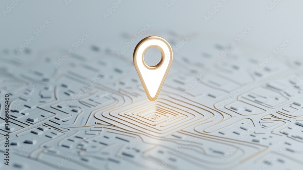 Poster a metallic location pin marker stands on a stylized digital city map, symbolizing navigation and geo