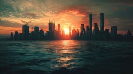 Fototapeta premium Apocalyptic Cityscape at Sunset: A Digital Painting of a dystopian metropolis engulfed in fiery sunset hues, reflecting on dark waters.
