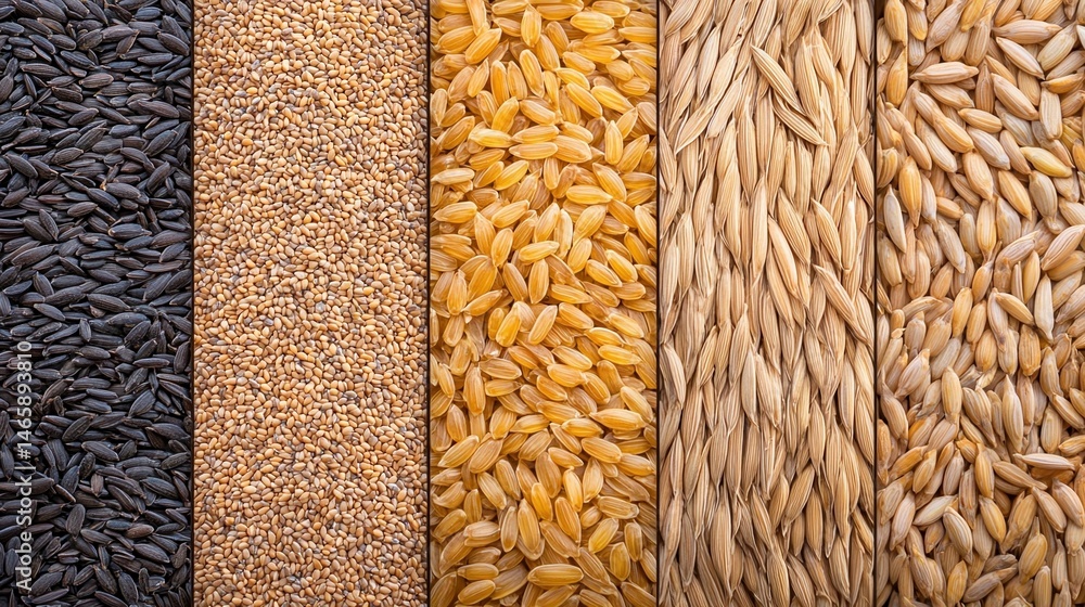 Poster a close-up image of five different types of grains and seeds arranged in vertical sections side by s