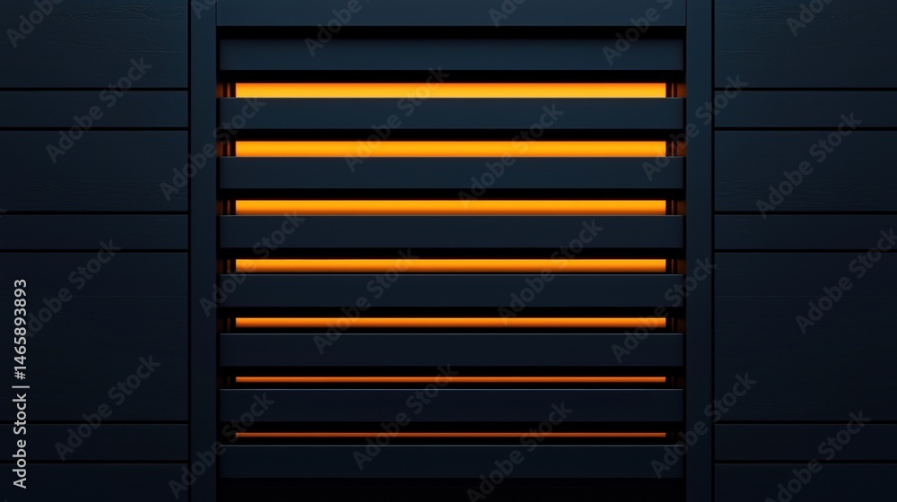 Poster a dark vent with horizontal slats emits a warm orange glow from behind, creating a modern and minima