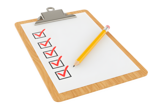 Wooden clipboard featuring a checklist with red ticks, accompanied by a yellow pencil positioned diagonally over the sheet for an organized look, isolated on white or transparent background. PNG