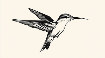 Obraz premium Elegant hummingbird in flight against a plain background. Possible use Fine art print, tattoo design, or stationery
