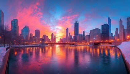 Fototapeta premium vibrant cityscape at dawn painting the sky with fiery hues reflecting in the tranquil waters