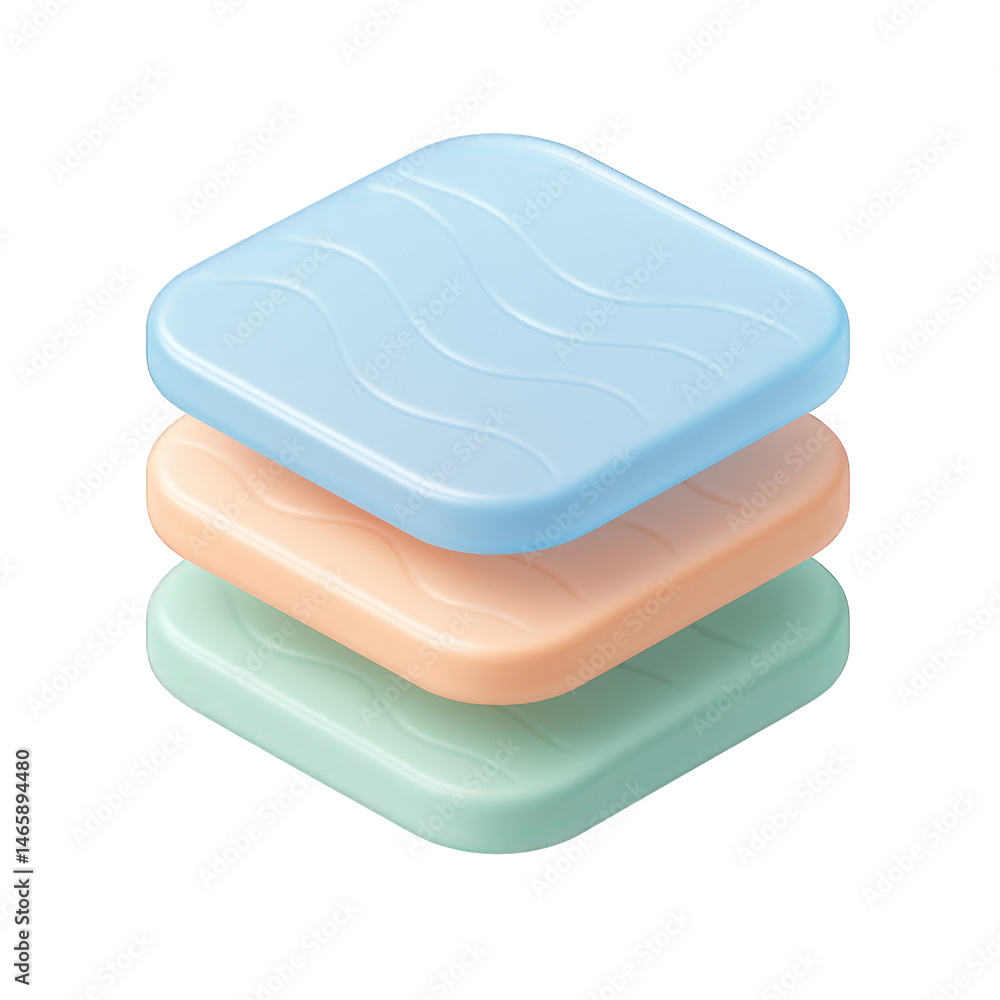 Poster a visually appealing stack of smooth, colorful square layers, each adorned with a delicate wavy reli