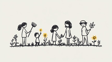 Family enjoying a garden, hand-drawn illustration