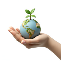 Sustainable Earth in Hand – 3D Eco-Friendly Concept with Growing Plant on White Background, No 340