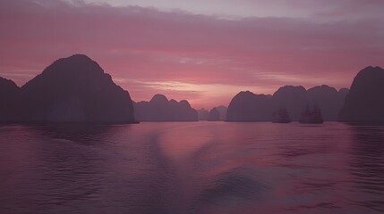 Pink Sunset over Halong Bay Vietnam Cruise Ships