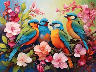Obraz premium Colorful Avian Companions on a Branch in Springtime Bloom