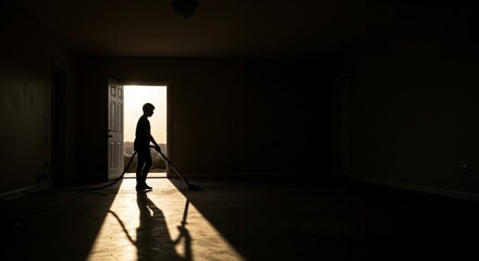 Silhouette of a young person, likely male, vacuuming the floor of an empty room near a sunlit doorway, casting long shadows