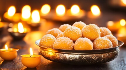 Obraz premium Sweet Motichoor Ladoo Indian Sweets Diwali Festival Candles