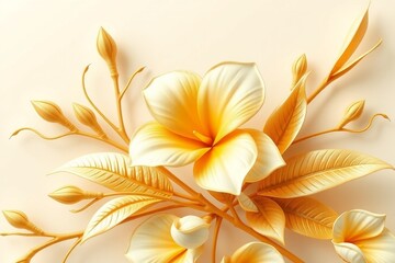 Golden Frangipani with Stucco Stems and Leaves An elegant 3D floral background. Elegant 3D Floral Background Featuring Golden Frangipani with Stucco Stems and Leaves.