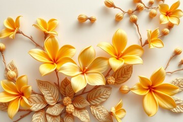 Golden Frangipani with Stucco Stems and Leaves An elegant 3D floral background. Elegant 3D Floral Background Featuring Golden Frangipani with Stucco Stems and Leaves.
