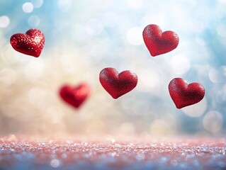 Fototapeta premium Festive red glitter hearts floating on a dreamy bokeh background
