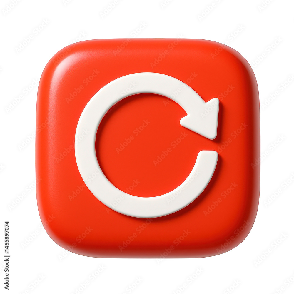 Poster glossy red square icon featuring a white 3d refresh arrow symbol, representing reloading or update a