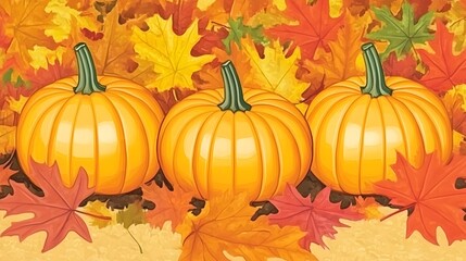 Three Pumpkins Autumn Leaves Fall Harvest Thanksgiving