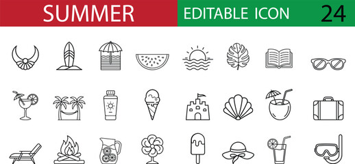 24 Summer Line Icons – Editable Stroke Vector Set Featuring Beach, Travel, Fruits, Drinks, Nature, and Vacation Essentials for  Web, Social Media, and Printable Projects.