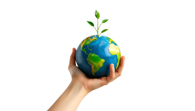 Sustainable Earth in Hand &ndash; 3D Eco-Friendly Concept with Growing Plant on White Background, No 324
