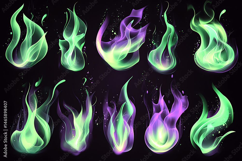 Poster colorful ethereal flames in various shapes and sizes against a dark background for design use