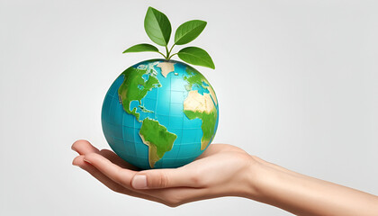 Sustainable Earth in Hand – 3D Eco-Friendly Concept with Growing Plant on White Background, No 318