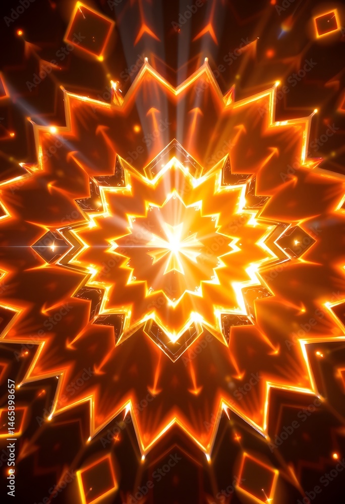 Poster abstract 3d shapes glow brightly. beams of light radiate from this modern, geometric design. a capti