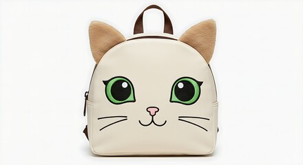 A backpack designed like a cat’s face on a white background