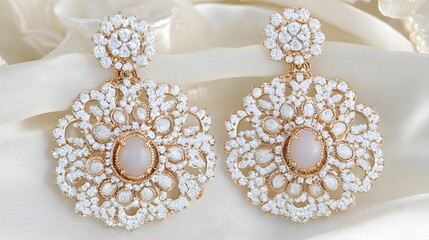 Fototapeta premium Elegant Pink Opal and Diamond Earrings Bridal Jewelry