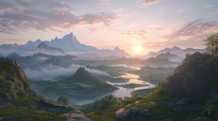Fantasy landscape sunrise misty valley