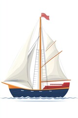 Illustration of sailing ship on water with white sails, blue hull, and red flag