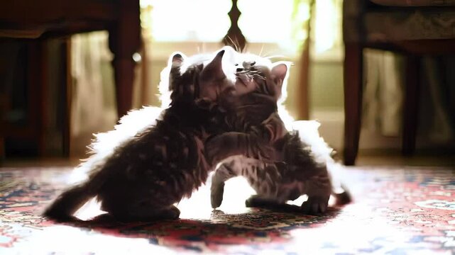 Two Gray Tabby Kittens Pawing and Playing Together on an Ornate Red Rug in a Sunlit Room with a Neutral Background With Blur And Ai Defacts