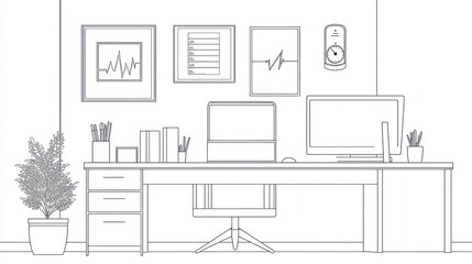 Fototapeta premium Line drawing of a modern doctor's office workspace