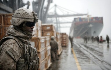 Soldier on duty near ship during rainy day
