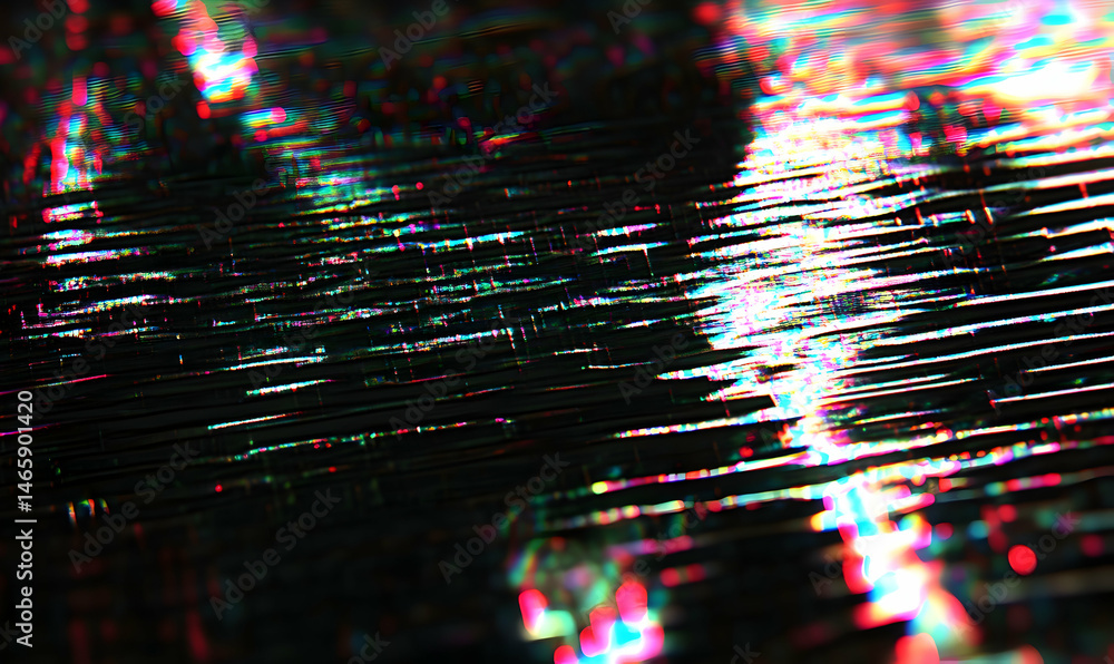 Poster abstract glitch art background with vibrant, multicolored horizontal lines and streaks, ideal for di