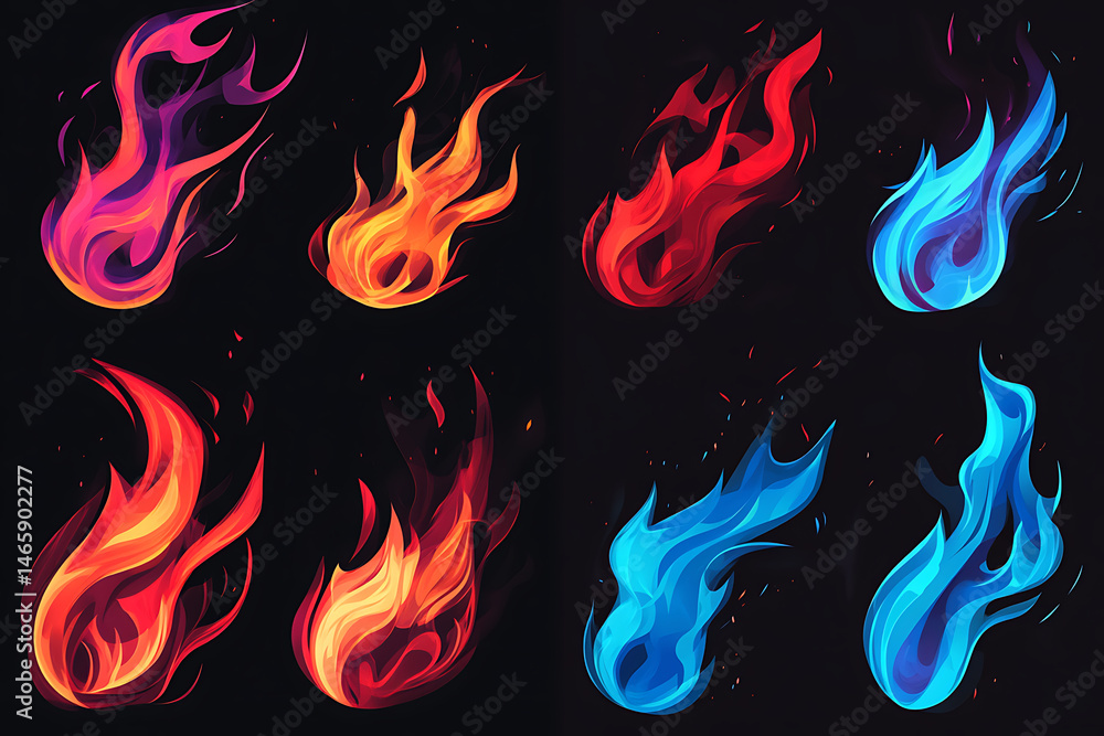 Poster colorful digital flames with varying shapes and colors on a dark background for design use