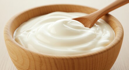 Yogurt in Wooden Bowl with Spoon