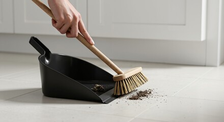 Close-up view of a hand holding a wooden broom sweeping dirt and dust into a black plastic dustpan on a tiled floor during a cleaning chore