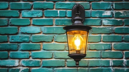 Antique-style lantern on teal brick wall