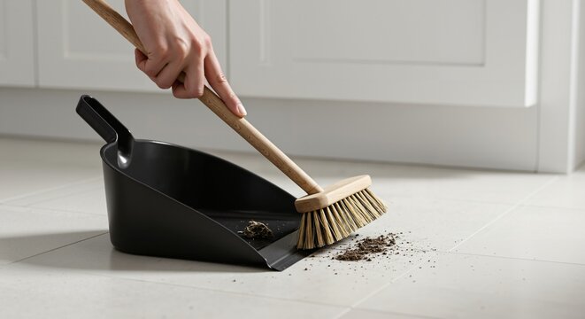 Close-up view of a hand holding a wooden broom sweeping dirt and dust into a black plastic dustpan on a tiled floor during a cleaning chore - Powered by Adobe