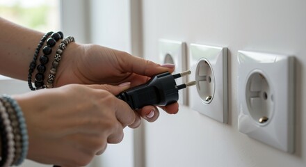 Close-up of a female person's hands plugging a black electrical plug into a white wall socket to connect a device for power