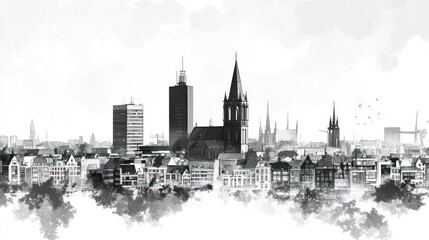 Obraz premium Monochromatic Cityscape: A Panoramic View of Deventer's Architectural Marvels